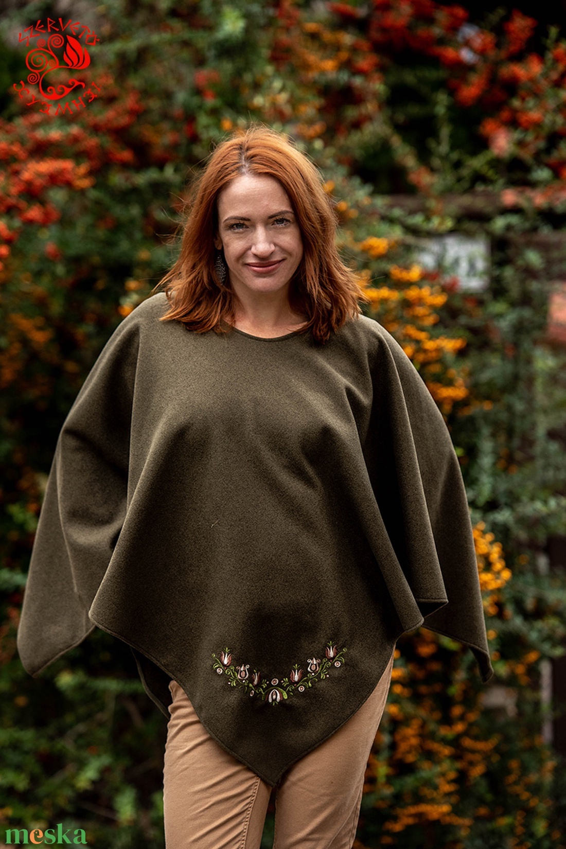 Szervető-jászsági tulipán kámzsa nélüli poncsó - zöld - ruha & divat - női ruha - poncsó - Meska.hu