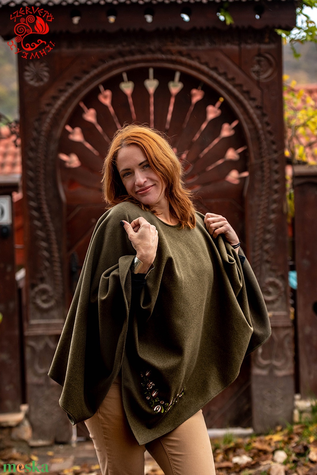 Szervető-jászsági tulipán kámzsa nélüli poncsó - zöld - ruha & divat - női ruha - poncsó - Meska.hu