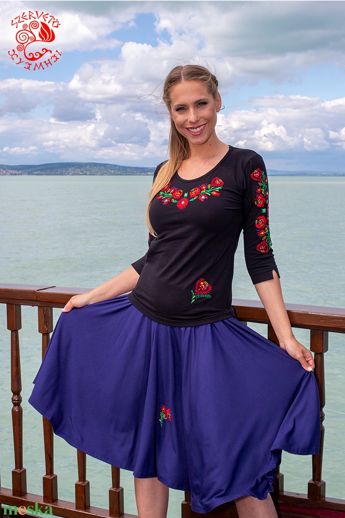 Szervető-matyó háromnegyedes ujjú blúz - fekete - ruha & divat - női ruha - blúz - Meska.hu