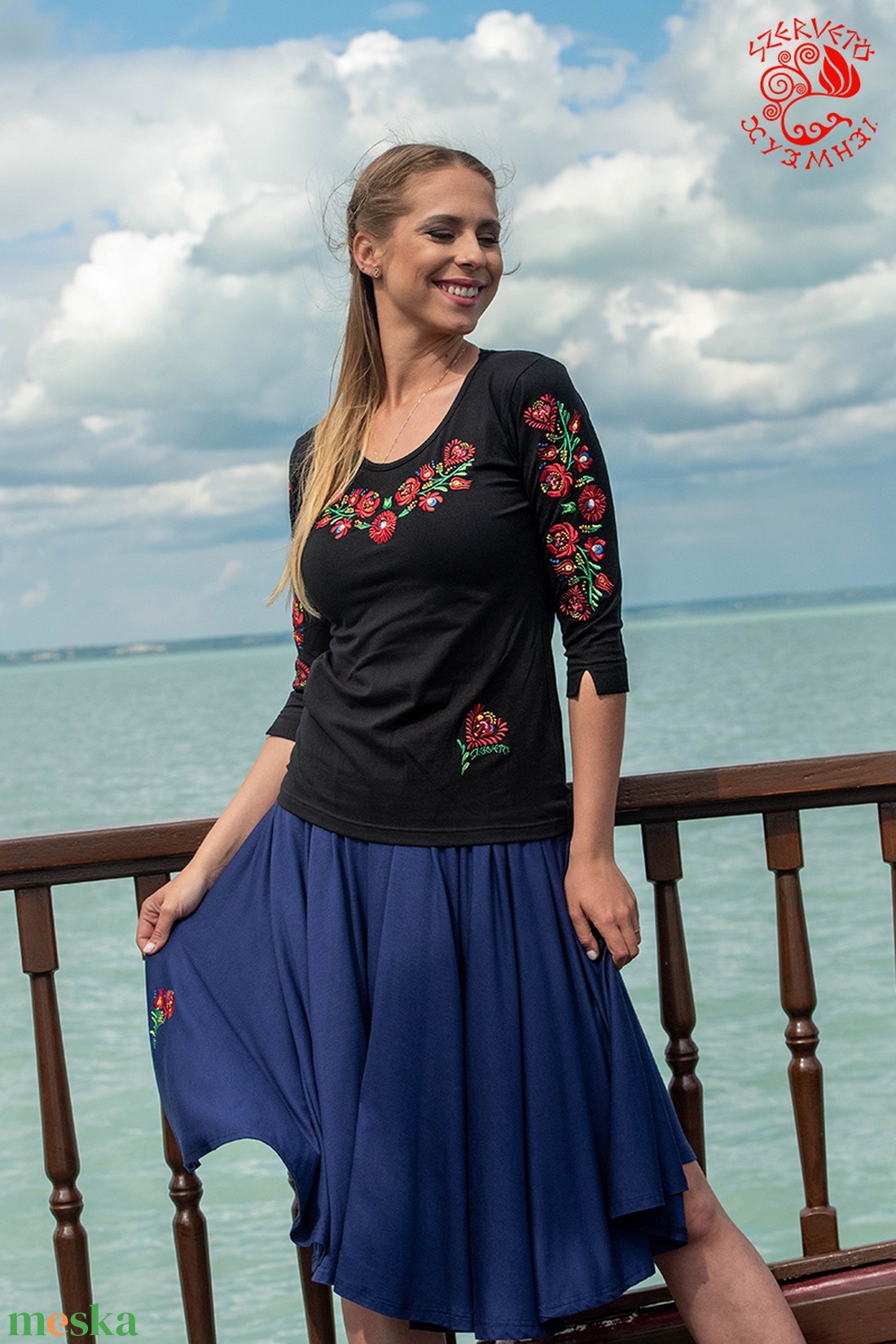 Szervető-matyó háromnegyedes ujjú blúz - fekete - ruha & divat - női ruha - blúz - Meska.hu