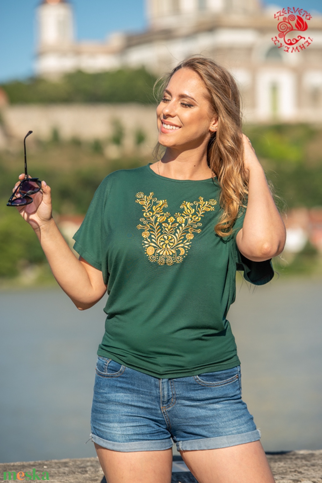 Szervető-jászsági denevérujjas blúz - zöld-arany - ruha & divat - női ruha - blúz - Meska.hu