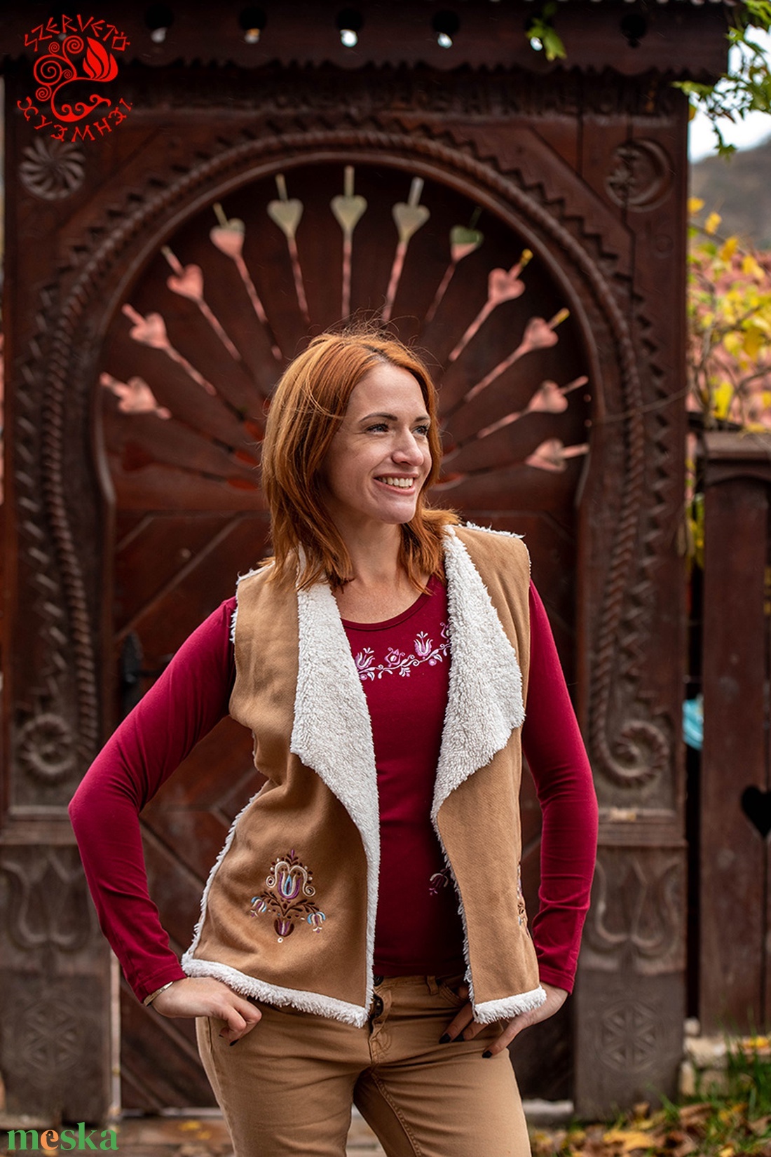 Szervető-jászsági tulipán irha mellény - cappuccino - ruha & divat - női ruha - mellény - Meska.hu