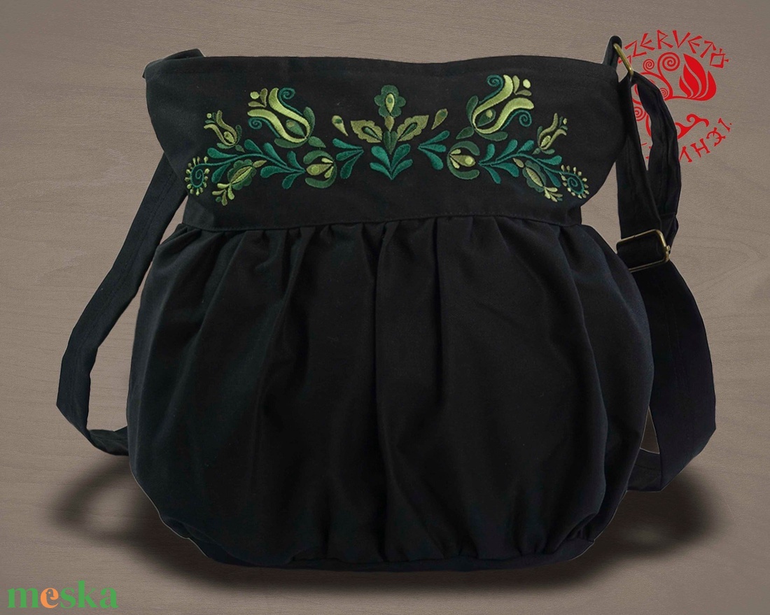 Szervető-jászsági indás-leveles buggyos táska - fekete-zöld - táska & tok - kézitáska & válltáska - válltáska - Meska.hu