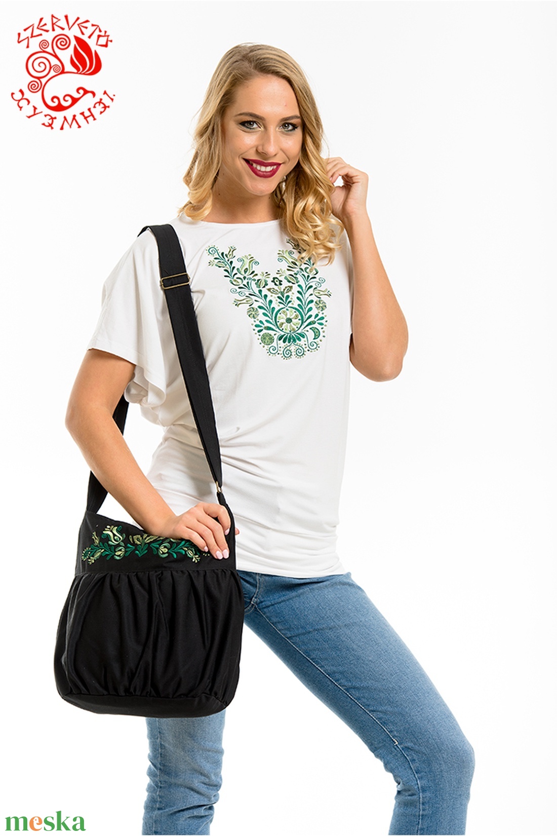 Szervető-jászsági indás-leveles buggyos táska - fekete-zöld - táska & tok - kézitáska & válltáska - válltáska - Meska.hu