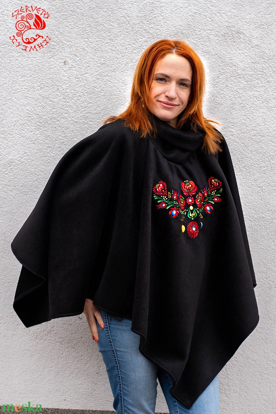 Szervető-matyó indás poncsó - fekete - ruha & divat - női ruha - poncsó - Meska.hu