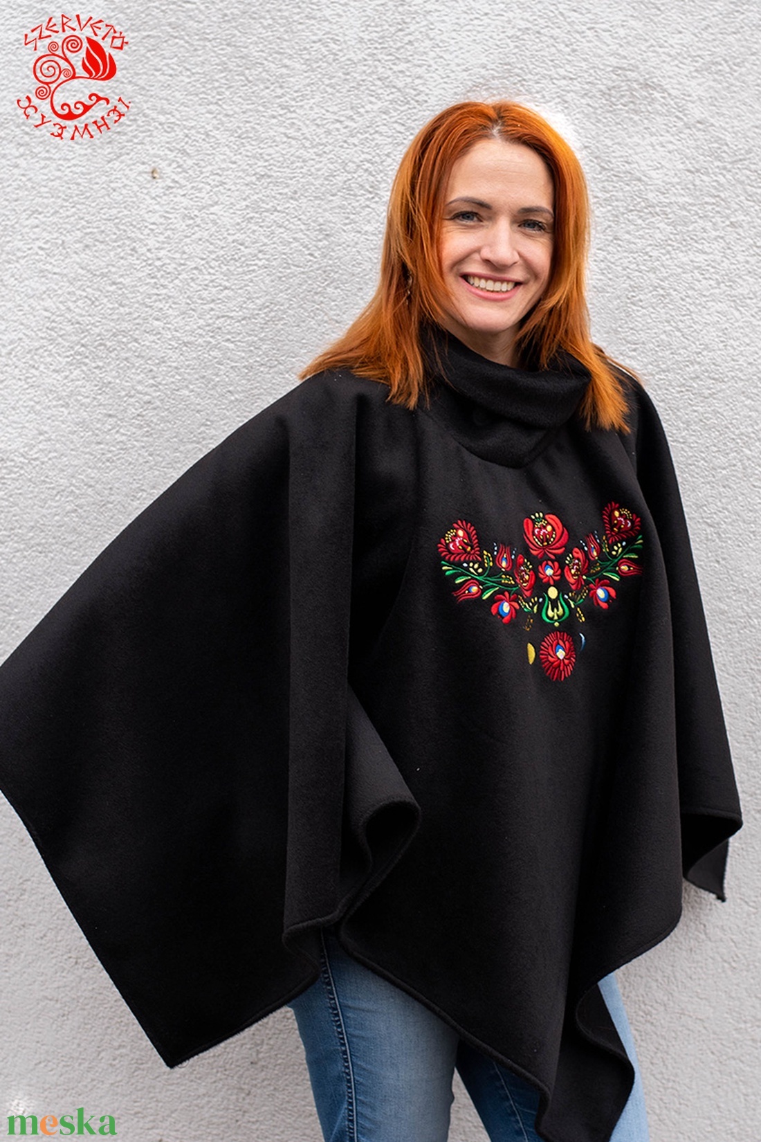 Szervető-matyó indás poncsó - fekete - ruha & divat - női ruha - poncsó - Meska.hu