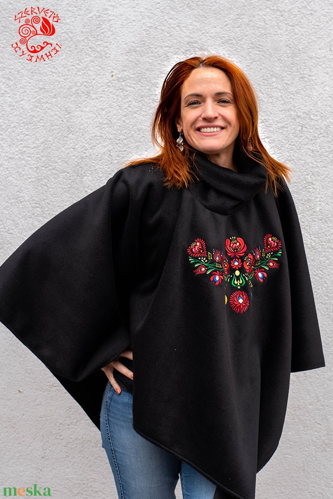 Szervető-matyó indás poncsó - fekete - ruha & divat - női ruha - poncsó - Meska.hu
