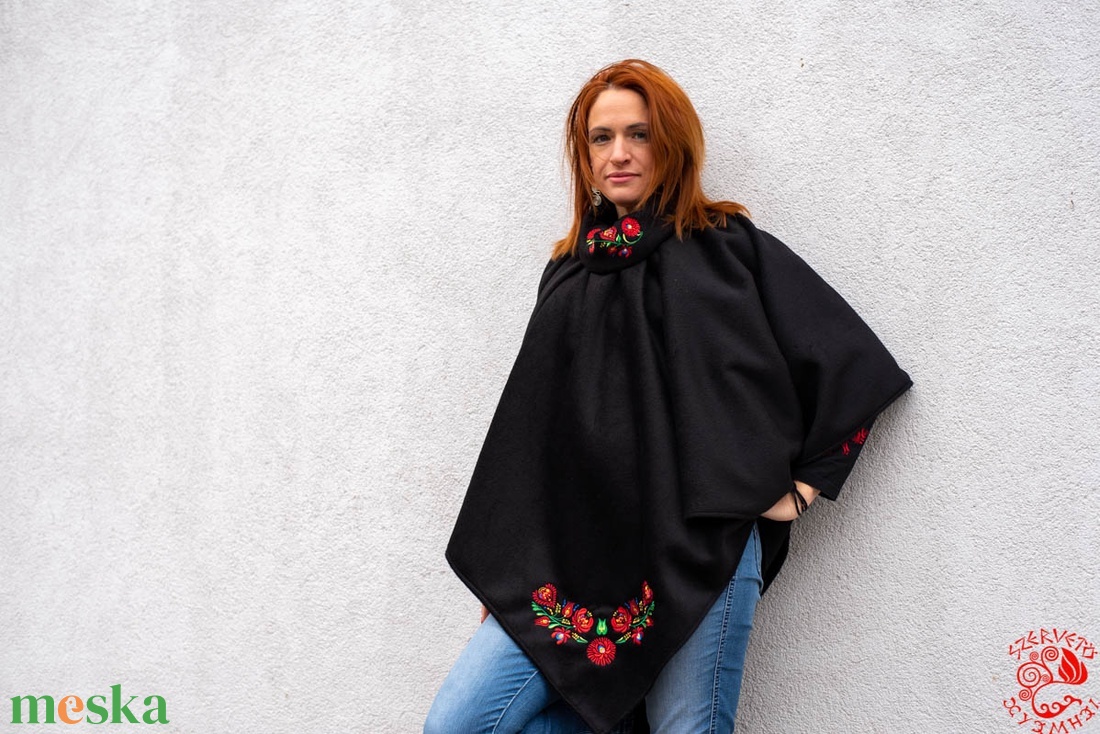 Szervető-matyó poncsó - fekete - ruha & divat - női ruha - poncsó - Meska.hu