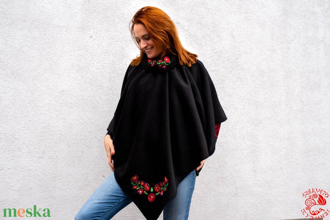 Szervető-matyó poncsó - fekete - ruha & divat - női ruha - poncsó - Meska.hu