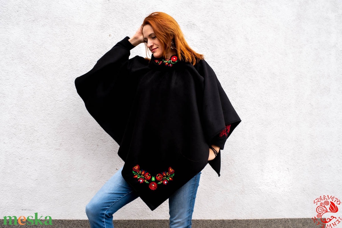 Szervető-matyó poncsó - fekete - ruha & divat - női ruha - poncsó - Meska.hu