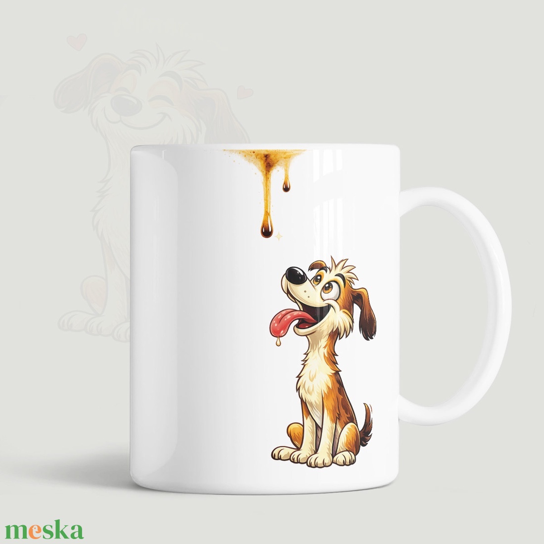 Vicces kutyás bögre, kávécseppet nyalogató kutyus mintával - otthon & életmód - konyhafelszerelés, tálalás - tálalás - bögre & csésze - Meska.hu