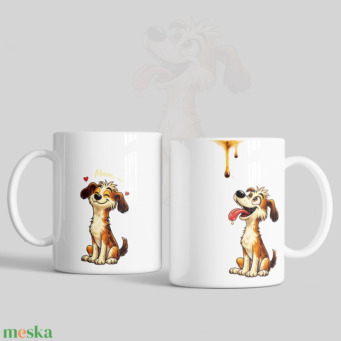 Vicces kutyás bögre, kávécseppet nyalogató kutyus mintával - otthon & életmód - konyhafelszerelés, tálalás - tálalás - bögre & csésze - Meska.hu