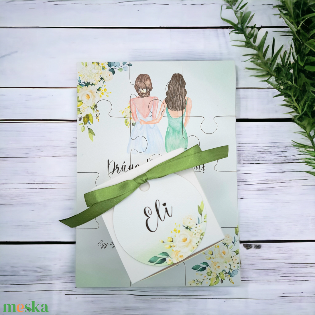 Watercolor Tanúfelkérő / Koszorúslány felkérő PUZZLE Green Flow/ Zöld virágos - esküvő - meghívó & kártya - koszorúslány felkérő - Meska.hu