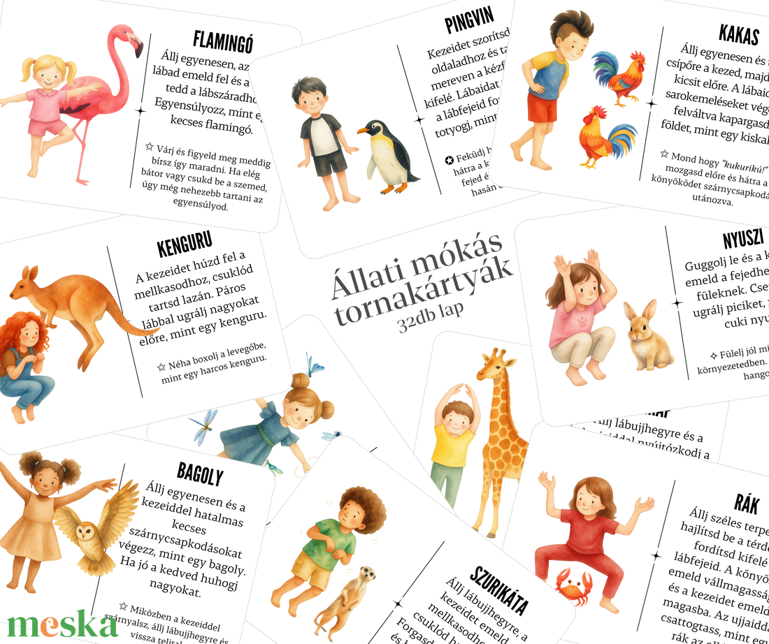 Állati mókás tornakártyák (fekvő névet) - 'Szia figyelem' - Digitális termék - baba - mama - baba játékok - mozgásfejlesztő játékok - Meska.hu