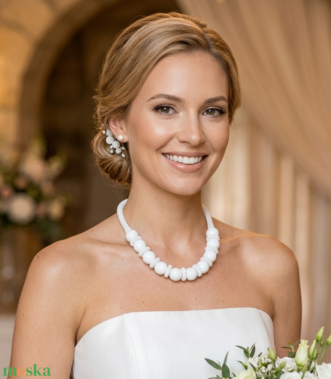 Fehér gyöngyfűzött nyakék - ékszer - nyaklánc - gyöngyös nyaklánc - Meska.hu