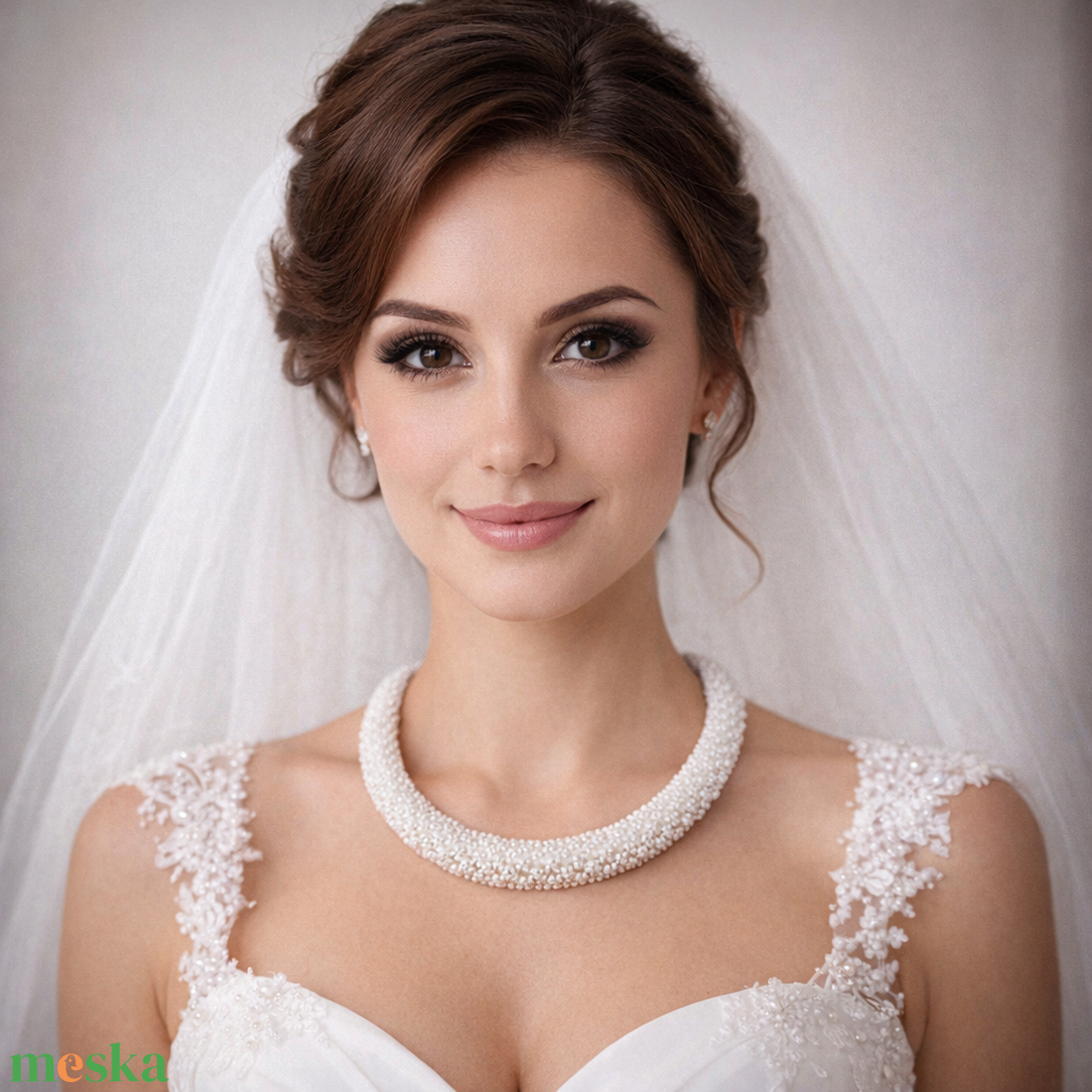 Fehér gyöngyfűzött nyakék teklagyönggyel - ékszer - nyaklánc - gyöngyös nyaklánc - Meska.hu