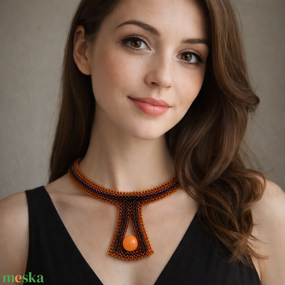 Barna - sárga fémmentes gyöngyfűzött nyakék - ékszer - nyaklánc - gyöngyös nyaklánc - Meska.hu