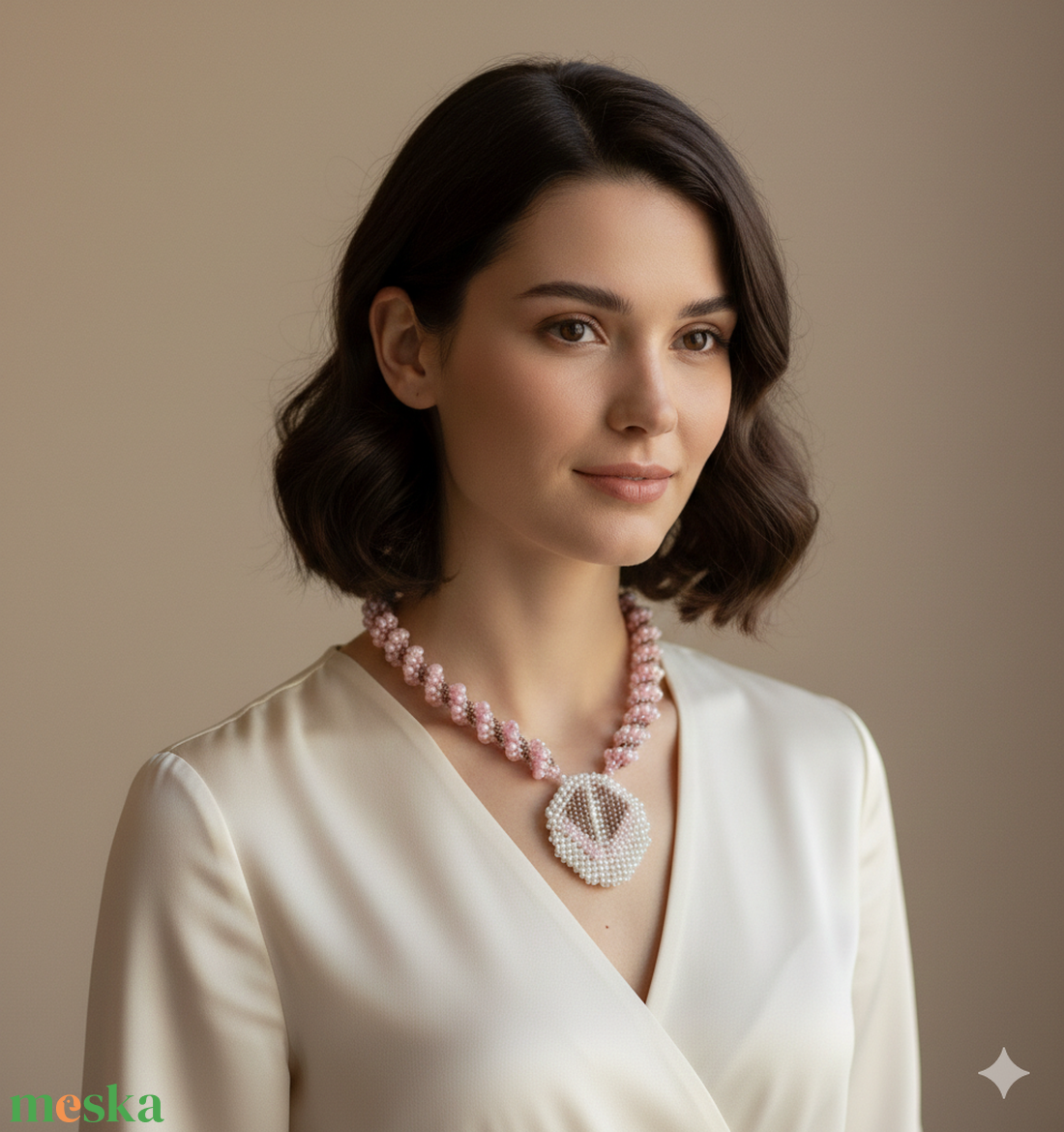 Rózsaszín - galambszürke fémmentes gyöngyfűzött nyaklánc - ékszer - nyaklánc - gyöngyös nyaklánc - Meska.hu