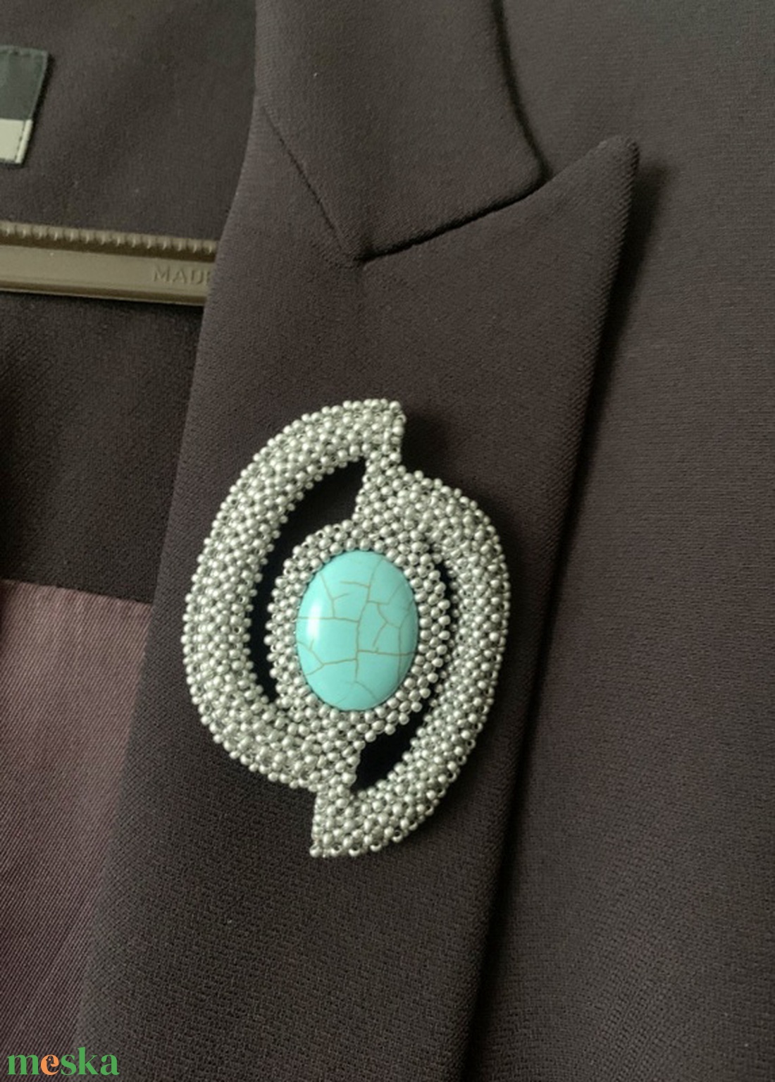 Türkiz - ezüst gyöngyfűzött kitűző - ékszer - kitűző és bross - Meska.hu