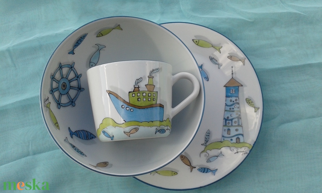 Hajós-halas mintával díszített porcelán gyermek étkészlet - otthon & életmód - konyhafelszerelés, tálalás - tálalás - tányér & étkészlet - Meska.hu Hajós-halas mintával díszített porcelán gyermek étkészlet - otthon & életmód - konyhafelszerelés, tálalás - tálalás - tányér & étkészlet - Meska.hu