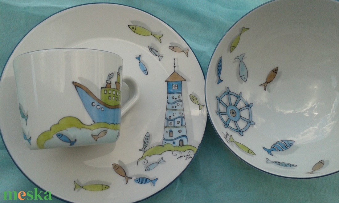 Hajós-halas mintával díszített porcelán gyermek étkészlet - otthon & életmód - konyhafelszerelés, tálalás - tálalás - tányér & étkészlet - Meska.hu Hajós-halas mintával díszített porcelán gyermek étkészlet - otthon & életmód - konyhafelszerelés, tálalás - tálalás - tányér & étkészlet - Meska.hu
