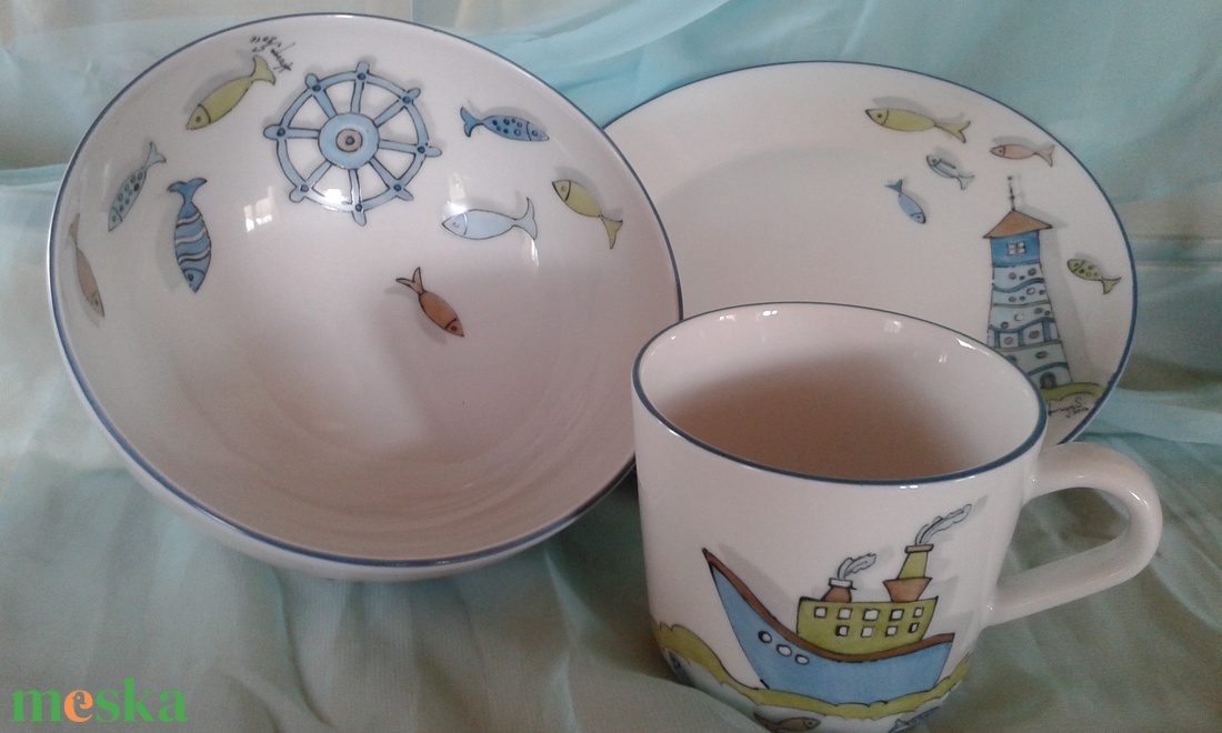 Hajós-halas mintával díszített porcelán gyermek étkészlet - otthon & életmód - konyhafelszerelés, tálalás - tálalás - tányér & étkészlet - Meska.hu Hajós-halas mintával díszített porcelán gyermek étkészlet - otthon & életmód - konyhafelszerelés, tálalás - tálalás - tányér & étkészlet - Meska.hu