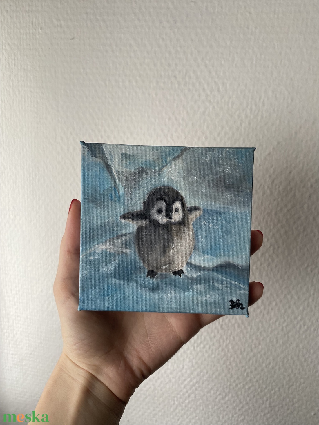 'Pingvin' mini olajfestmény 10x10 cm-es feszített vásznon - művészet - festmény - olajfestmény - Meska.hu