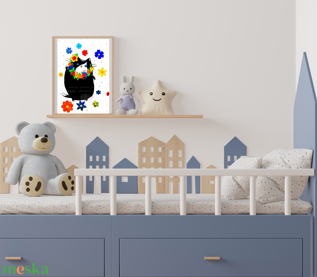 Fekete cica virágokkal akvarell festmény (nyomat), baba, babaszoba, gyermek, gyermekszoba, dekor, fali kép - művészet - festmény - akvarell - Meska.hu
