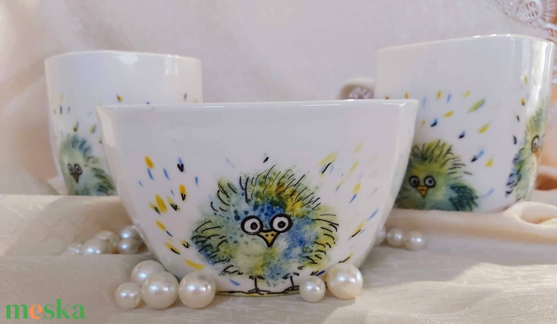 Vicces madarak, egyedi, kézzel festett porcelán, csésze, bögre, tál, reggeliző szett, kávés, teás készlet, ajándék, gyer - otthon & életmód - konyhafelszerelés, tálalás - tálalás - bögre & csésze - Meska.hu