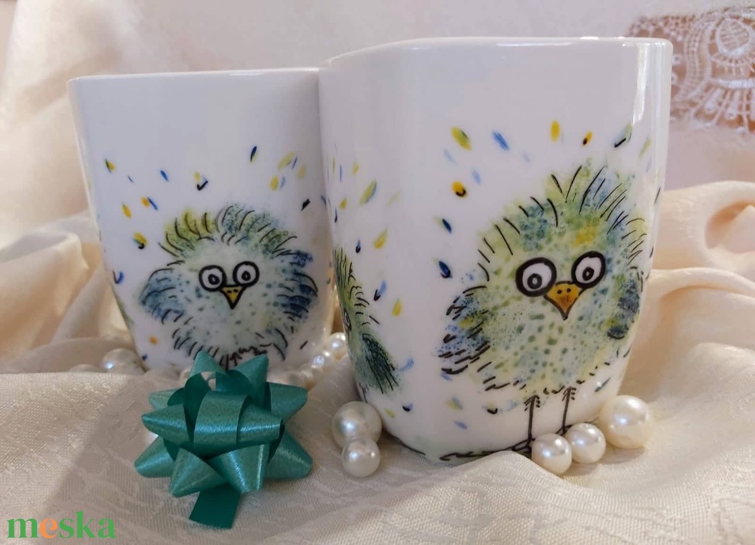 Vicces madarak, egyedi, kézzel festett porcelán, csésze, bögre, tál, reggeliző szett, kávés, teás készlet, ajándék, gyer - otthon & életmód - konyhafelszerelés, tálalás - tálalás - bögre & csésze - Meska.hu