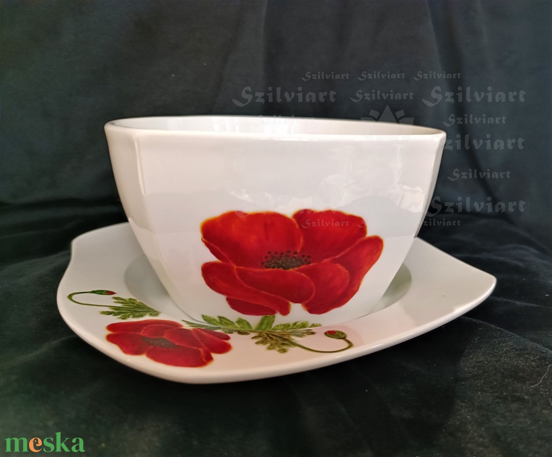 Pipacs szépe, egyedi, kézzel festett porcelán, csésze, bögre, tál, reggeliző szett, kávés, teás készlet, ajándék - otthon & életmód - konyhafelszerelés, tálalás - tálalás - bögre & csésze - Meska.hu