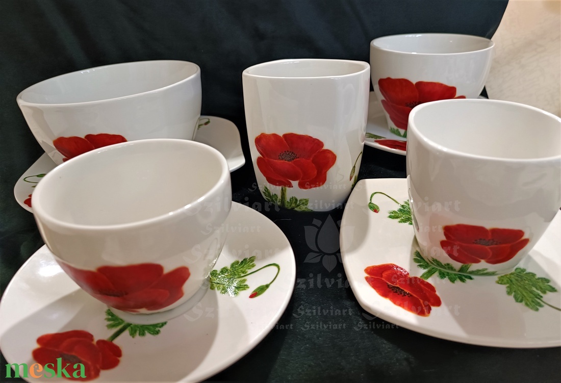Pipacs szépe, egyedi, kézzel festett porcelán, csésze, bögre, tál, reggeliző szett, kávés, teás készlet, ajándék - otthon & életmód - konyhafelszerelés, tálalás - tálalás - bögre & csésze - Meska.hu
