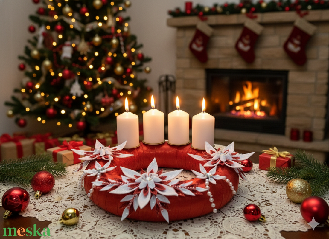 Adventi koszorú csillámos dekorgumi virágokkal, gyertyákkal.Piros-fehér - karácsony - adventi díszek - adventi koszorú - Meska.hu