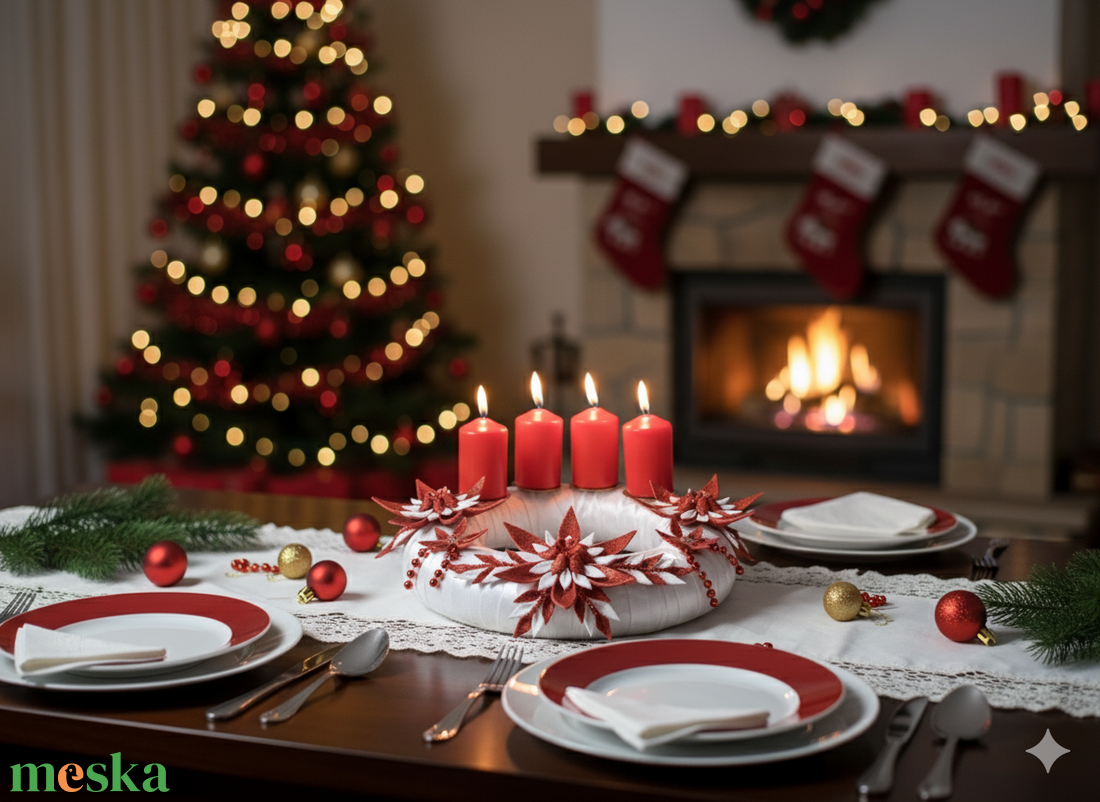 Adventi koszorú csillámos dekorgumi virágokkal, gyertyákkal.Fehér-piros - karácsony - adventi díszek - adventi koszorú - Meska.hu
