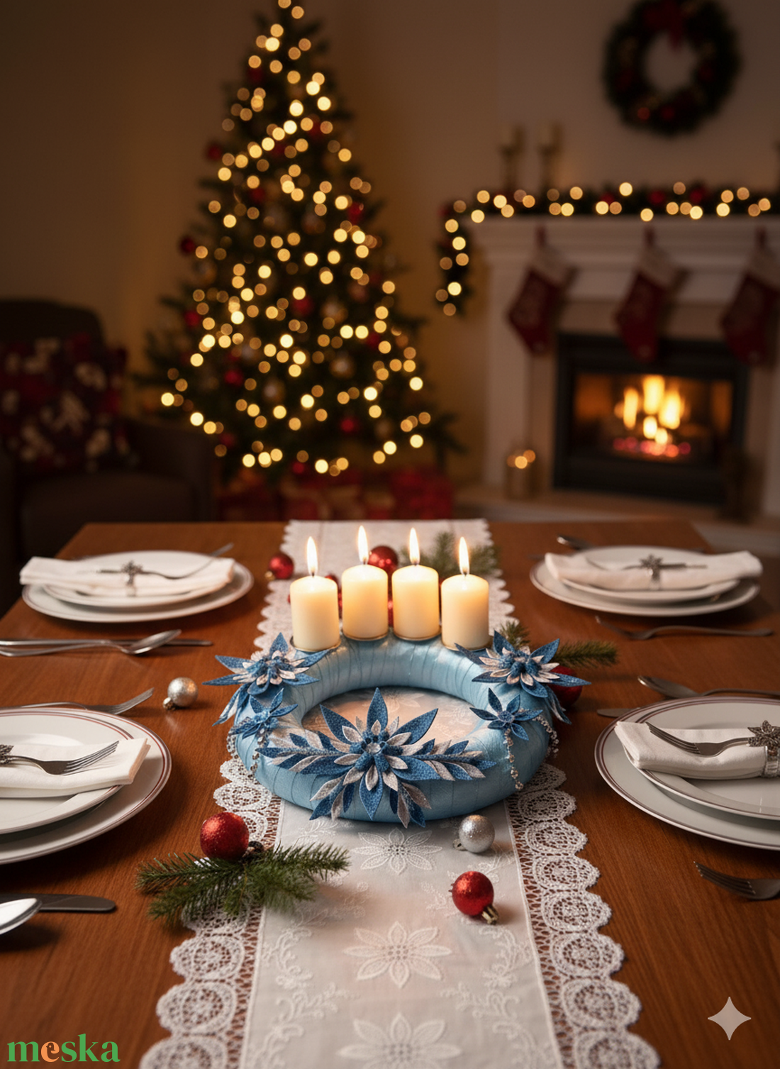 Adventi koszorú csillámos dekorgumi virágokkal, gyertyákkal. Kék-ezüst - karácsony - adventi díszek - adventi koszorú - Meska.hu