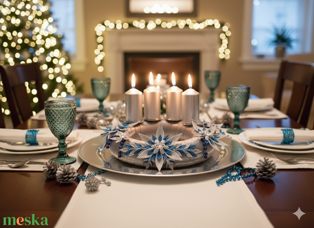 Adventi koszorú csillámos dekorgumi virágokkal, gyertyákkal. Ezüst-kék - karácsony - adventi díszek - adventi koszorú - Meska.hu