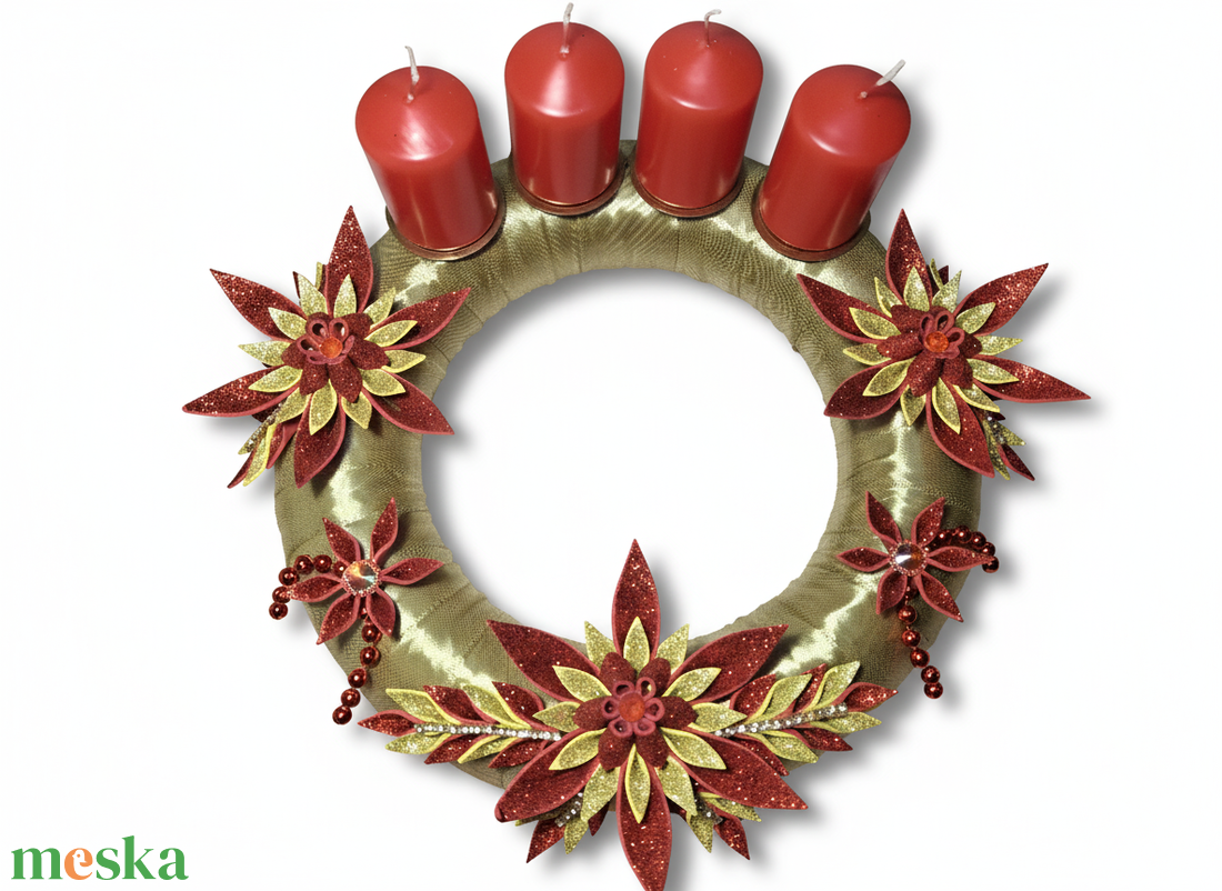 Adventi koszorú csillámos dekorgumi virágokkal, gyertyákkal.Arany-piros - karácsony - adventi díszek - adventi koszorú - Meska.hu