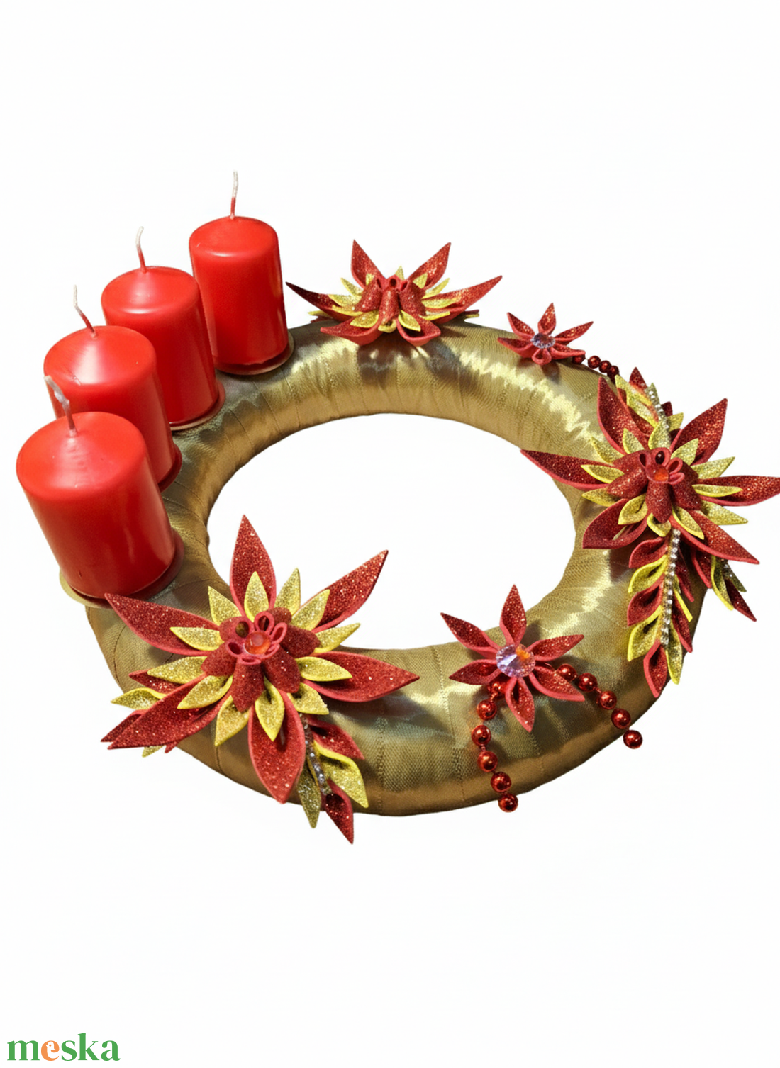 Adventi koszorú csillámos dekorgumi virágokkal, gyertyákkal.Arany-piros - karácsony - adventi díszek - adventi koszorú - Meska.hu