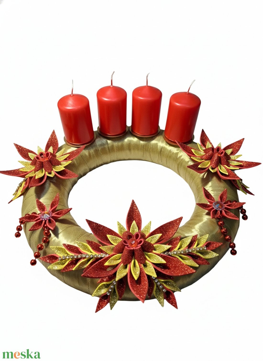 Adventi koszorú csillámos dekorgumi virágokkal, gyertyákkal.Arany-piros - karácsony - adventi díszek - adventi koszorú - Meska.hu