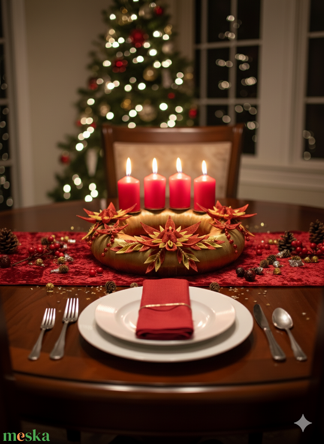 Adventi koszorú csillámos dekorgumi virágokkal, gyertyákkal.Arany-piros - karácsony - adventi díszek - adventi koszorú - Meska.hu