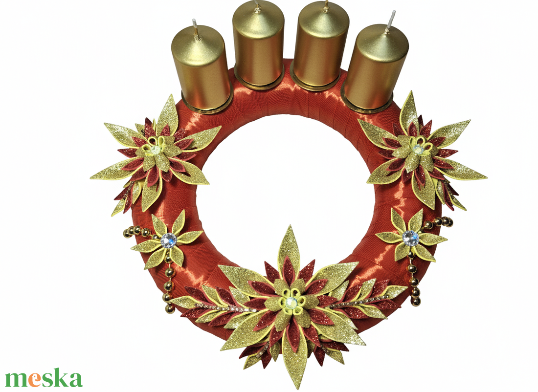 Adventi koszorú csillámos dekorgumi virágokkal, gyertyákkal.Piros-arany - karácsony - adventi díszek - adventi koszorú - Meska.hu