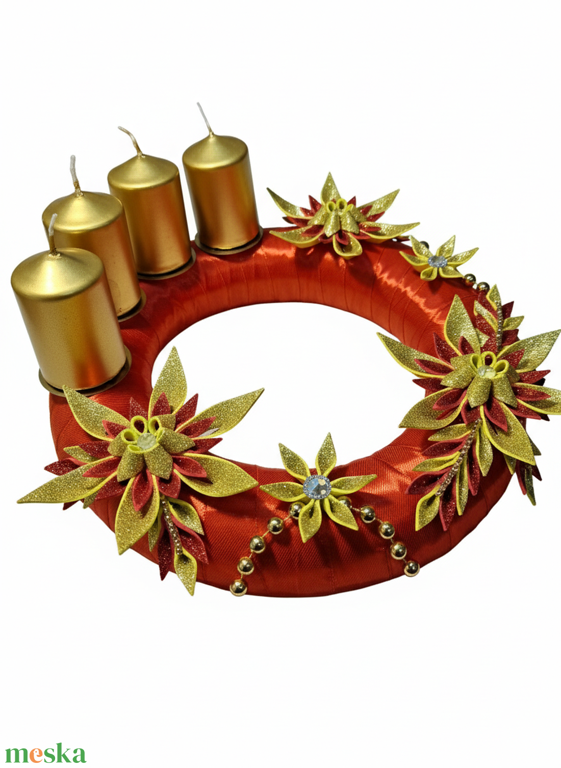 Adventi koszorú csillámos dekorgumi virágokkal, gyertyákkal.Piros-arany - karácsony - adventi díszek - adventi koszorú - Meska.hu