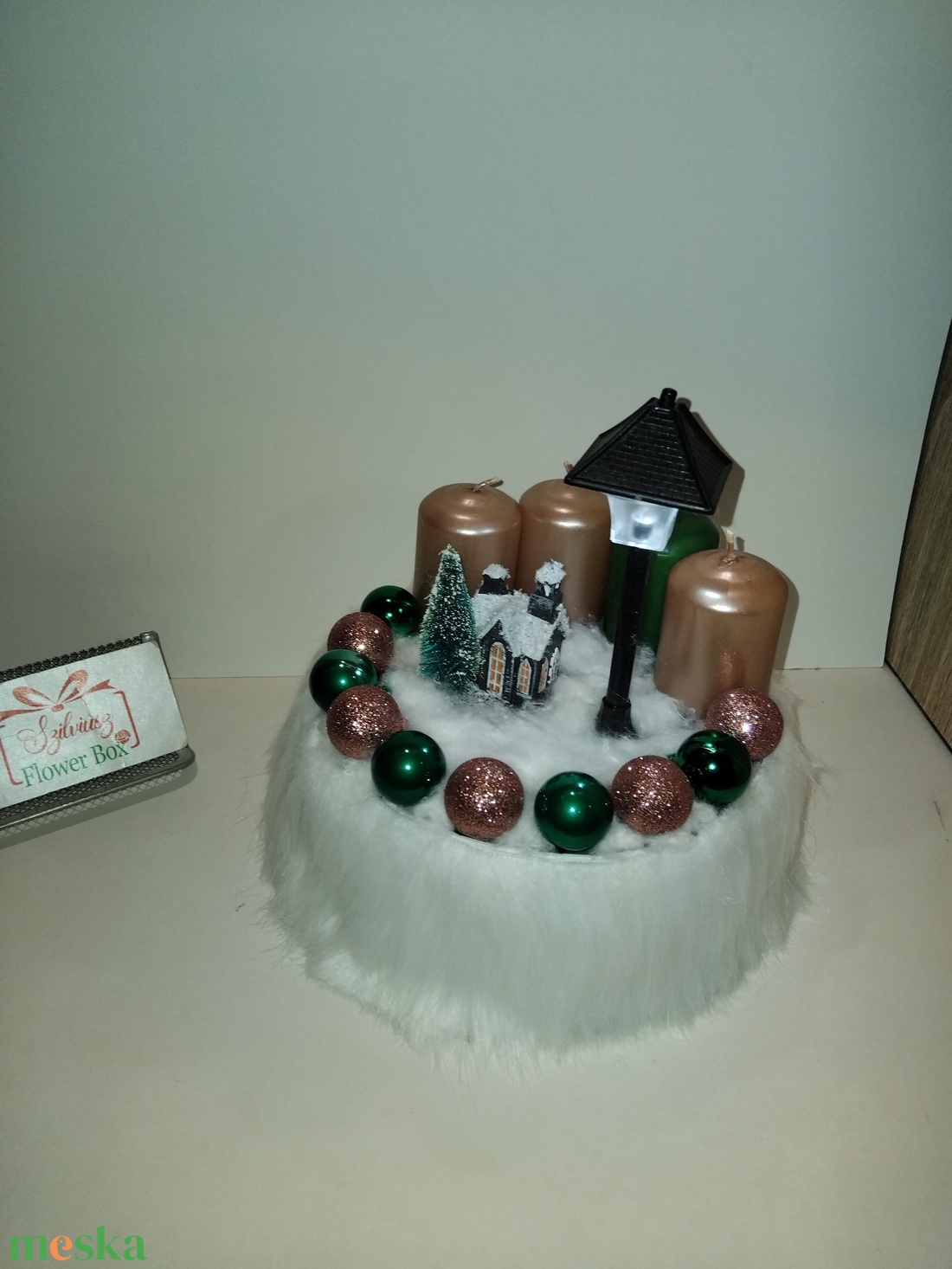 Adventi asztaldísz - Rosegold-zöld - karácsony - adventi díszek - adventi asztaldísz - Meska.hu