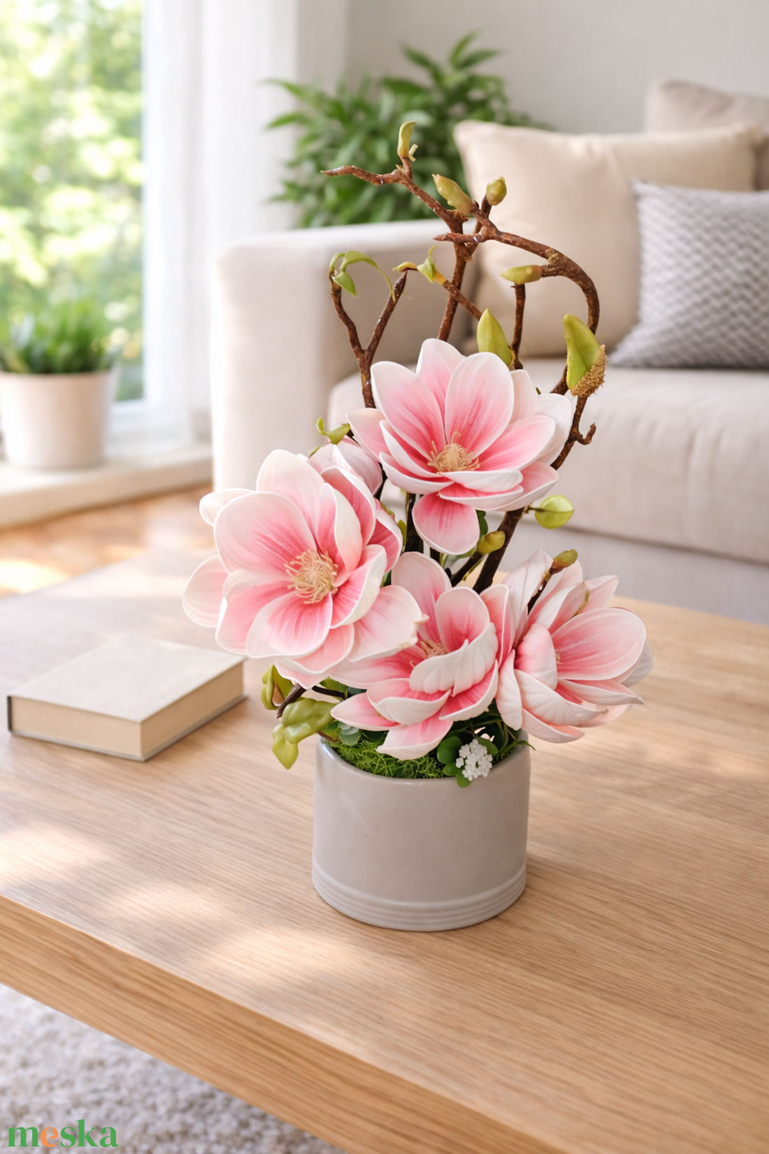 Rózsaszín élethű magnólia kerámia kaspóban - otthon & életmód - dekoráció - asztal és polc dekoráció - asztaldísz - Meska.hu