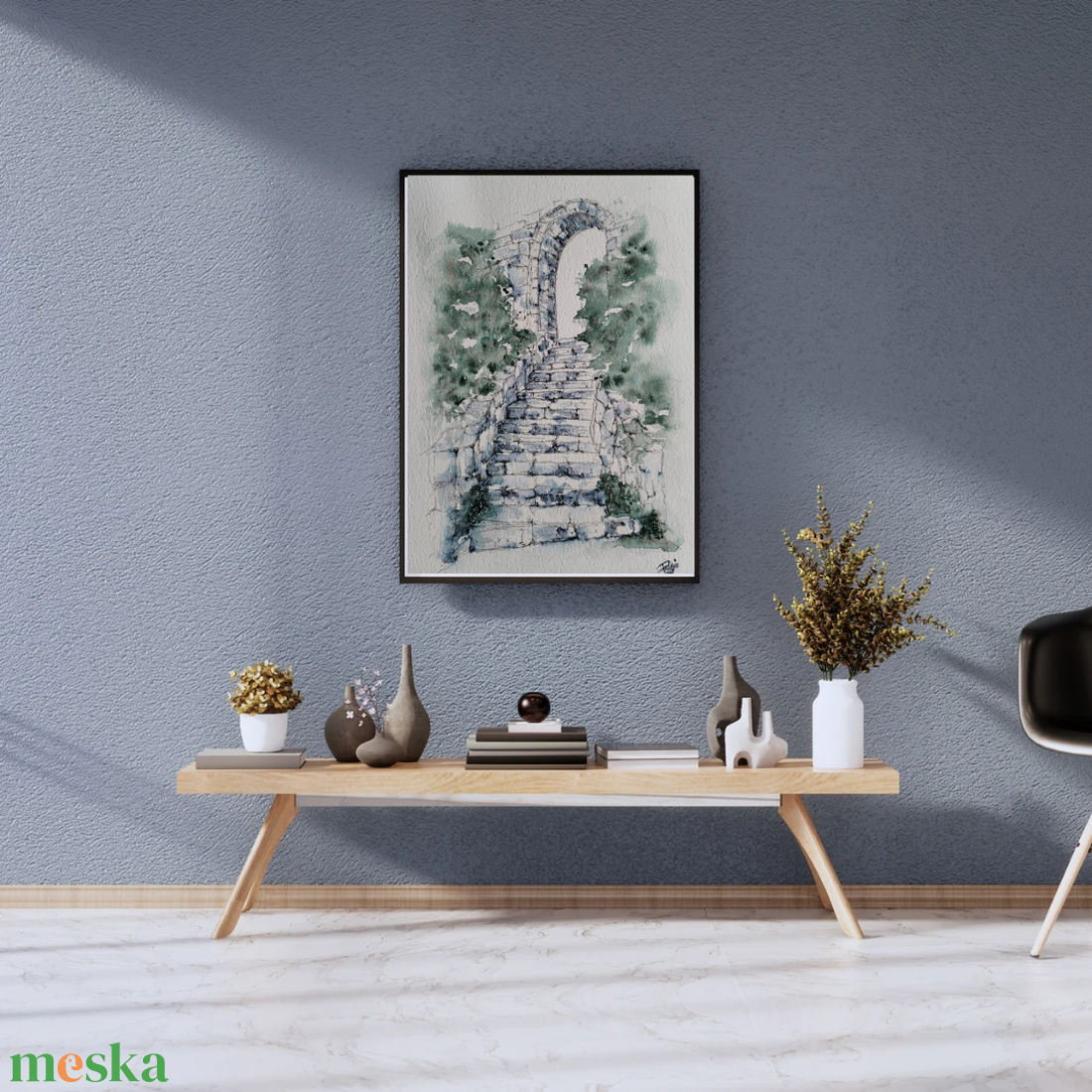 Időtlen lépcső. Egy régi kőlépcső, amely mintha a múlt titkaihoz vezetne.  - művészet - festmény - akvarell - Meska.hu