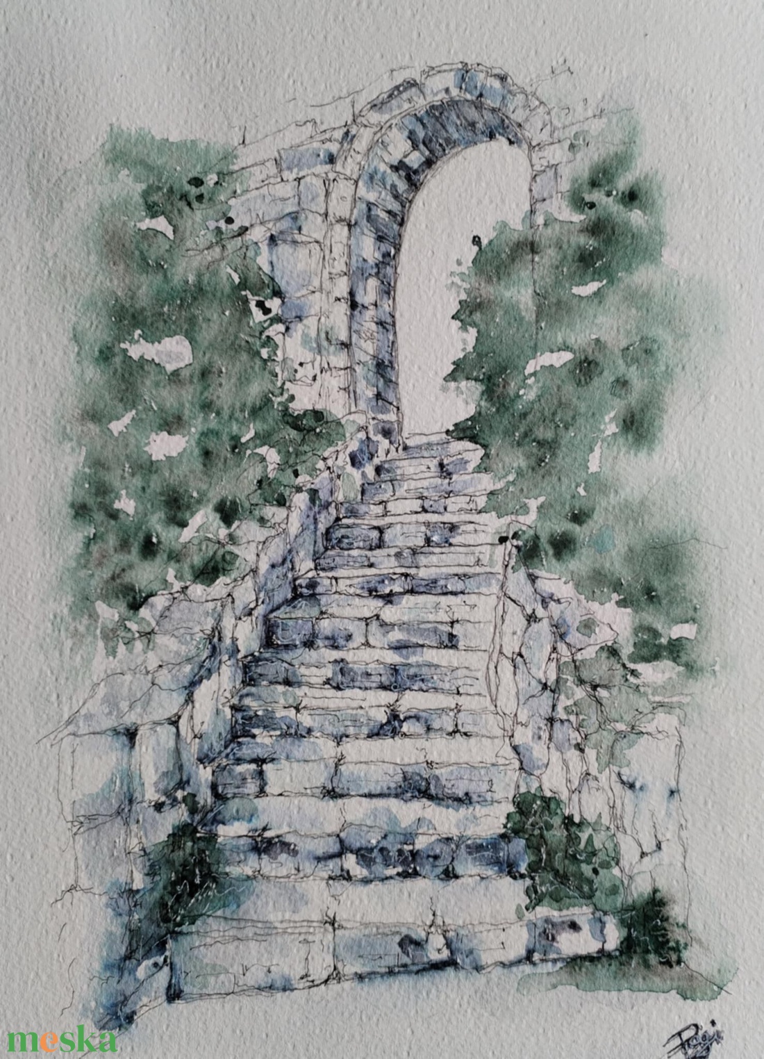 Időtlen lépcső. Egy régi kőlépcső, amely mintha a múlt titkaihoz vezetne.  - művészet - festmény - akvarell - Meska.hu