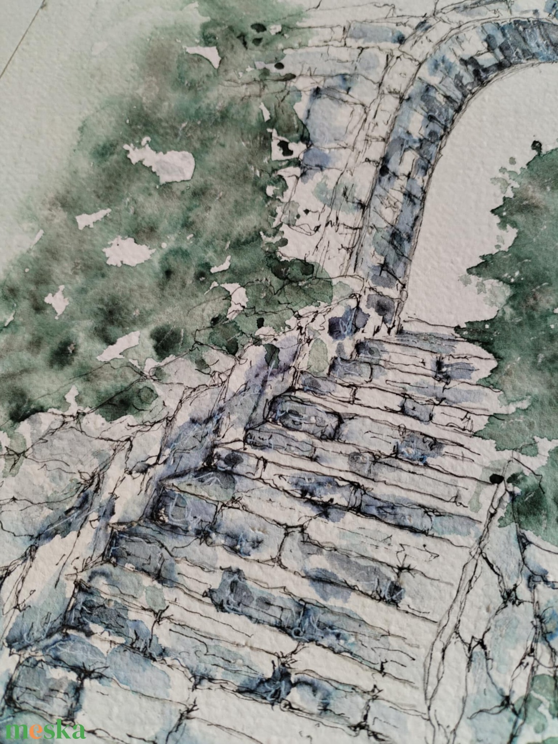 Időtlen lépcső. Egy régi kőlépcső, amely mintha a múlt titkaihoz vezetne.  - művészet - festmény - akvarell - Meska.hu