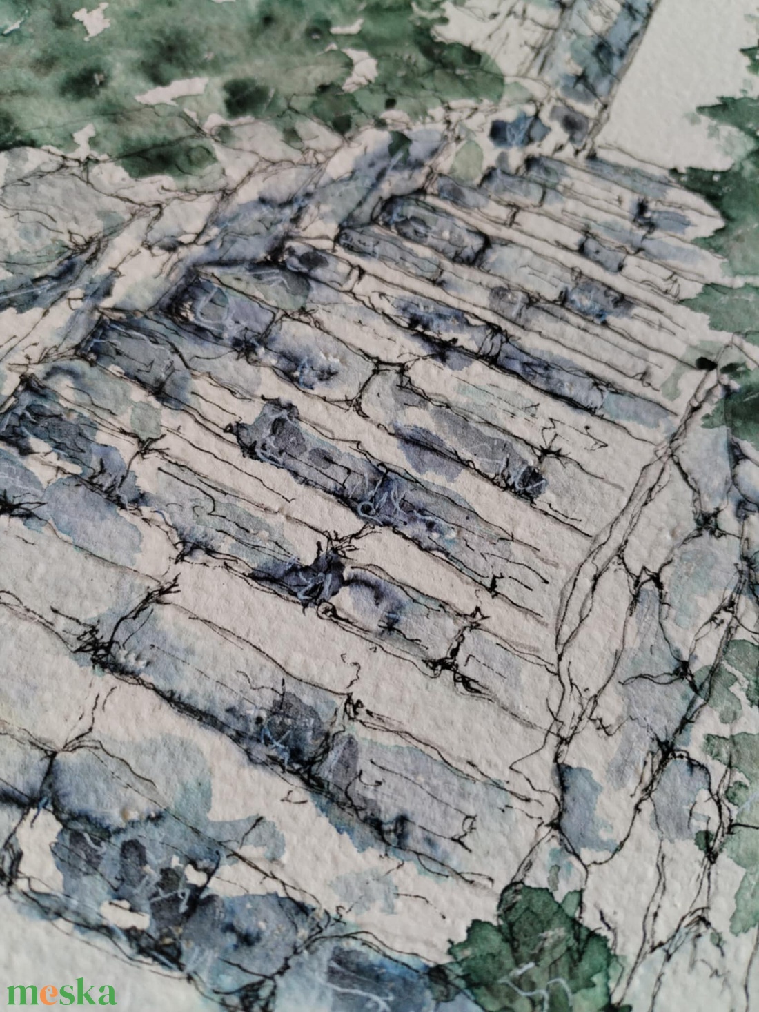 Időtlen lépcső. Egy régi kőlépcső, amely mintha a múlt titkaihoz vezetne.  - művészet - festmény - akvarell - Meska.hu