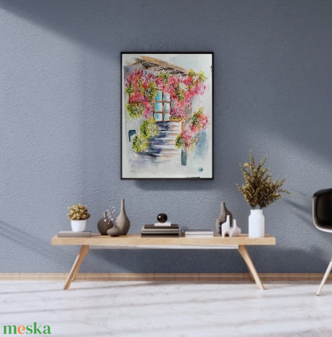 Egy mediterrán udvar, ahol a színek versenyeznek a fénnyel. Akvarell festmény, amely a nyár ragyogását és az életöröm pi - művészet - festmény - akvarell - Meska.hu