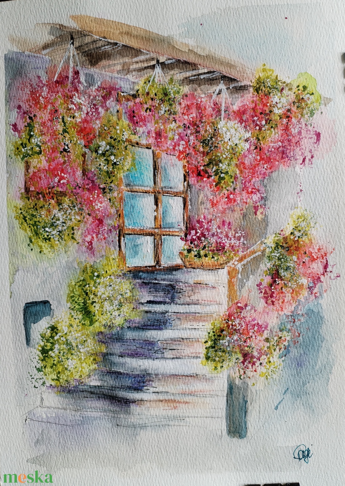 Egy mediterrán udvar, ahol a színek versenyeznek a fénnyel. Akvarell festmény, amely a nyár ragyogását és az életöröm pi - művészet - festmény - akvarell - Meska.hu